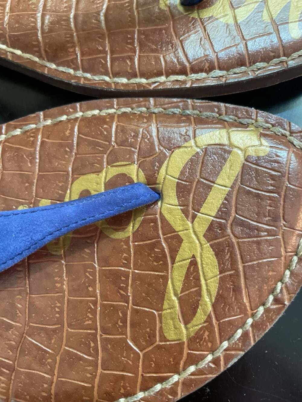 Sam Edelman Gigi Blue Suede Croc Embossed T-Strap Sandals Size 9.5 - Picture 3 of 9